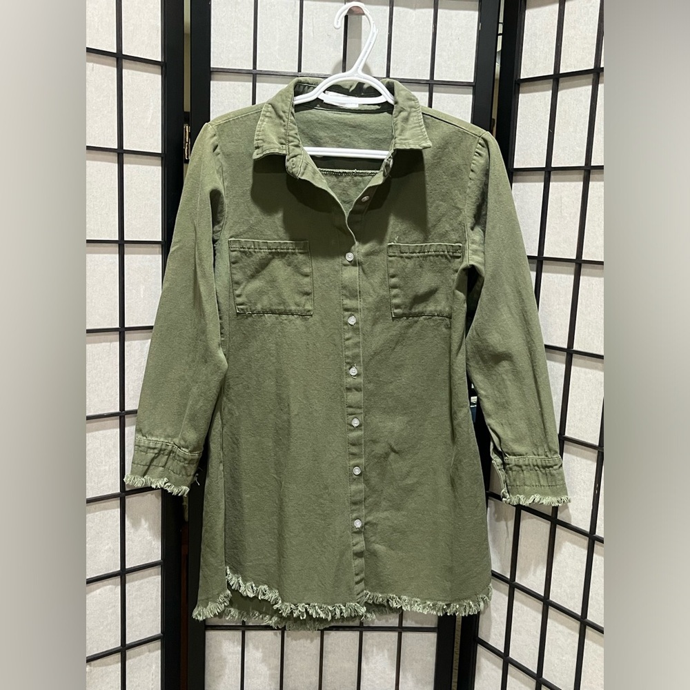 KIDSFORM DENIM Olive Green DISTRESSED Button-Front Shirt DRESS JUNIOR SIZE S